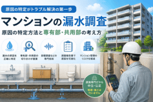 マンションの漏水調査で原因を特定する配管と調査機器のイメージ