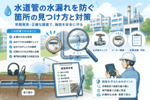 水道管の水漏れ箇所の見つけ方を示す配管と調査機器のイメージ