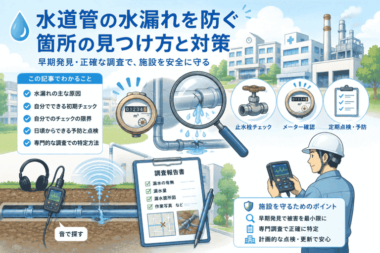 水道管の水漏れ箇所の見つけ方を示す配管と調査機器のイメージ