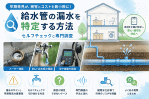 給水管の漏水を特定する方法を、水道メーターのセルフチェックと音聴調査など専門調査で解説するイメージ