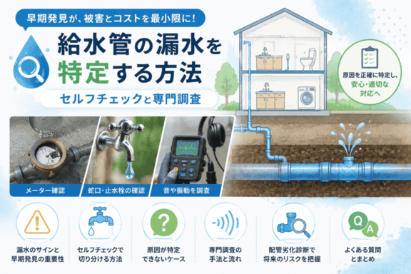 給水管の漏水を特定する方法を、水道メーターのセルフチェックと音聴調査など専門調査で解説するイメージ